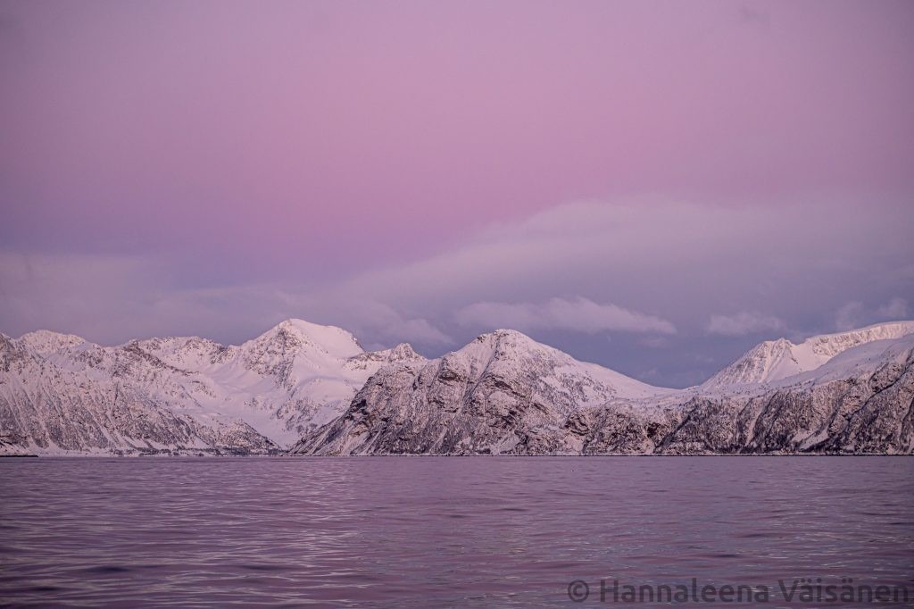 Snow covered mountains in beautiful polar light